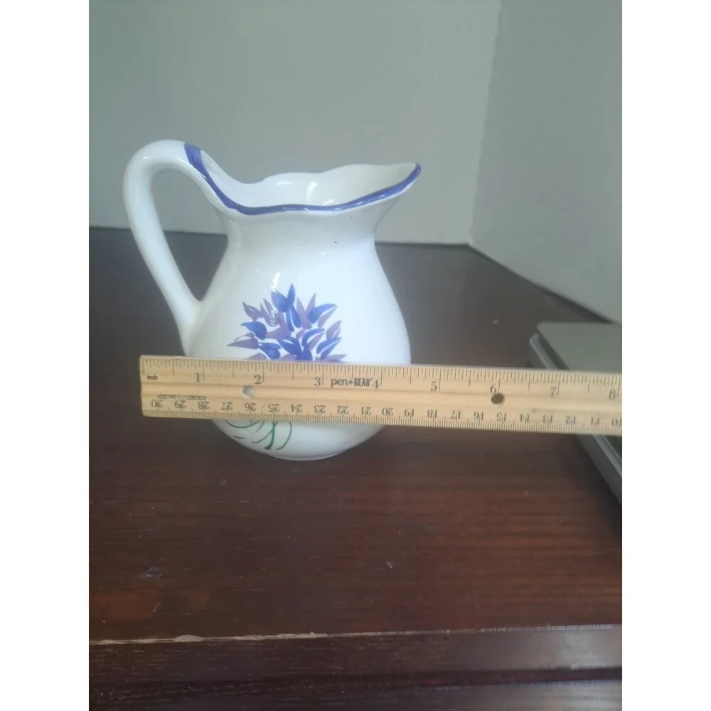 Hand Painted White Ceramic Pitcher Blue Flowers And Trim